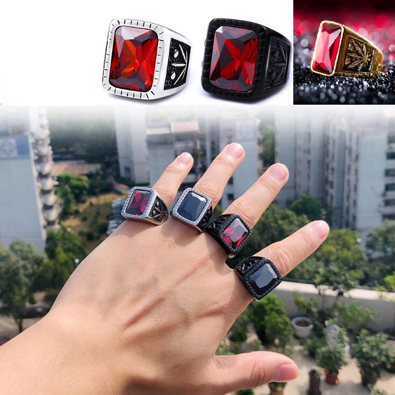 Pria Rubi Baja Titanium Merah hitam Kristal Batu permata Perhiasan Fashion Daun maple Cincin Rings