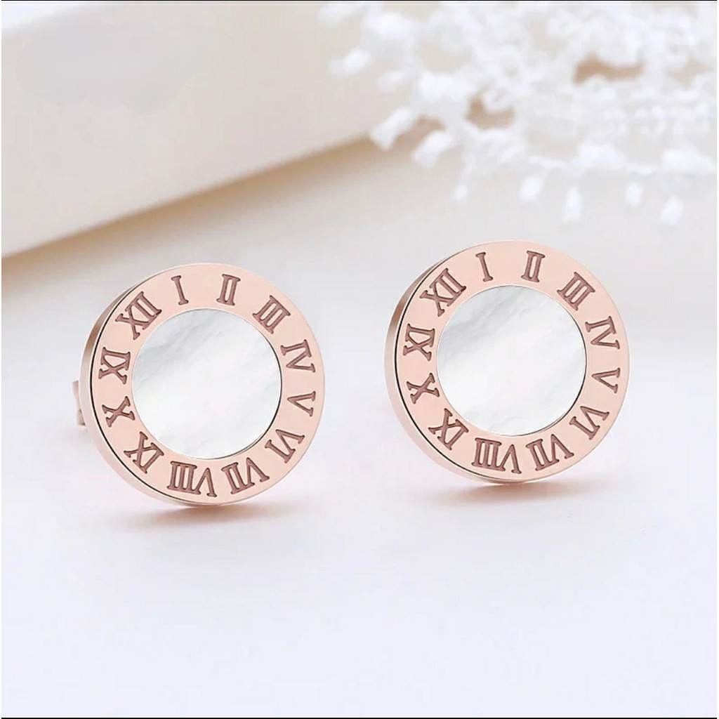 Anting Titanium B*lgr White Shell Rose Gold dan Gold