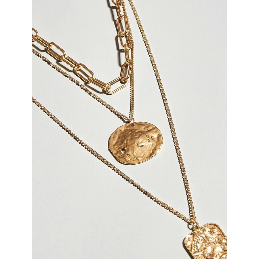 Kalung Choker Multilayer 3 Layer Rantai Liontin Batu Bahan Alloy Vintage Wanita Dalika