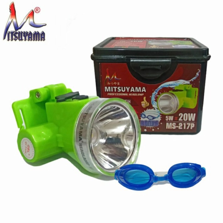 Senter Kepala Selam Mitsuyama MS-217P / Headlamp 20Watt - Cahaya Putih bonus kacamata selam Bagus