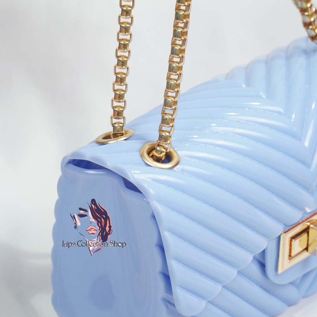 Tas Jelly Glossy Motif Salur Size 18 Cm Rantai Gold