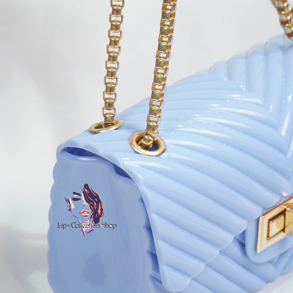 Tas Jelly Glossy Motif Salur Size 18 Cm Rantai Gold