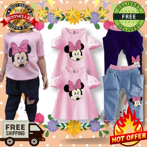 VISION ONLINE [STRIPY MINNIE PINKY] SETELAN BAJU CELANA DENIM PANJANG ANAK PEREMPUAN 1 2 3 4 TAHUN