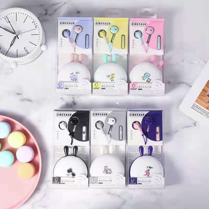 (E001) SET HEADSET EARPHONE &amp; WADAH SIMPAN MOTIF KARAKTER LUCU / HEADSET KAWS / EARPHONE DINOSAURUS