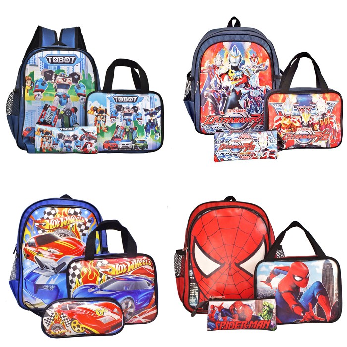 Tas Ransel Anak SD TOBOT SPIDERMAN ULTRAMAN CARS - Tas 3 in 1