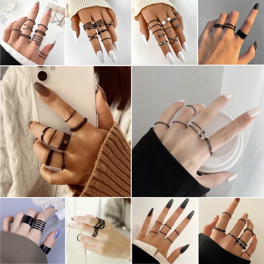 Set Cincin Warna Hitam Gaya Punk Untuk Wanita