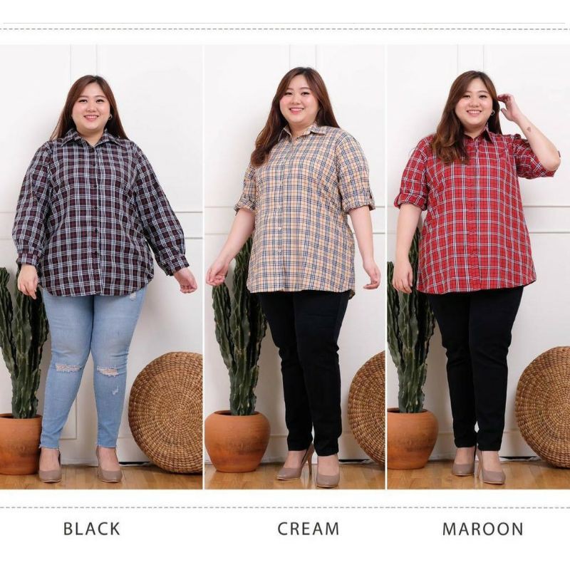 Kemeja Wanita Kotak Kotak Jumbo Oversize Kemeja Kantor Kemeja Katun Kemeja Kotak