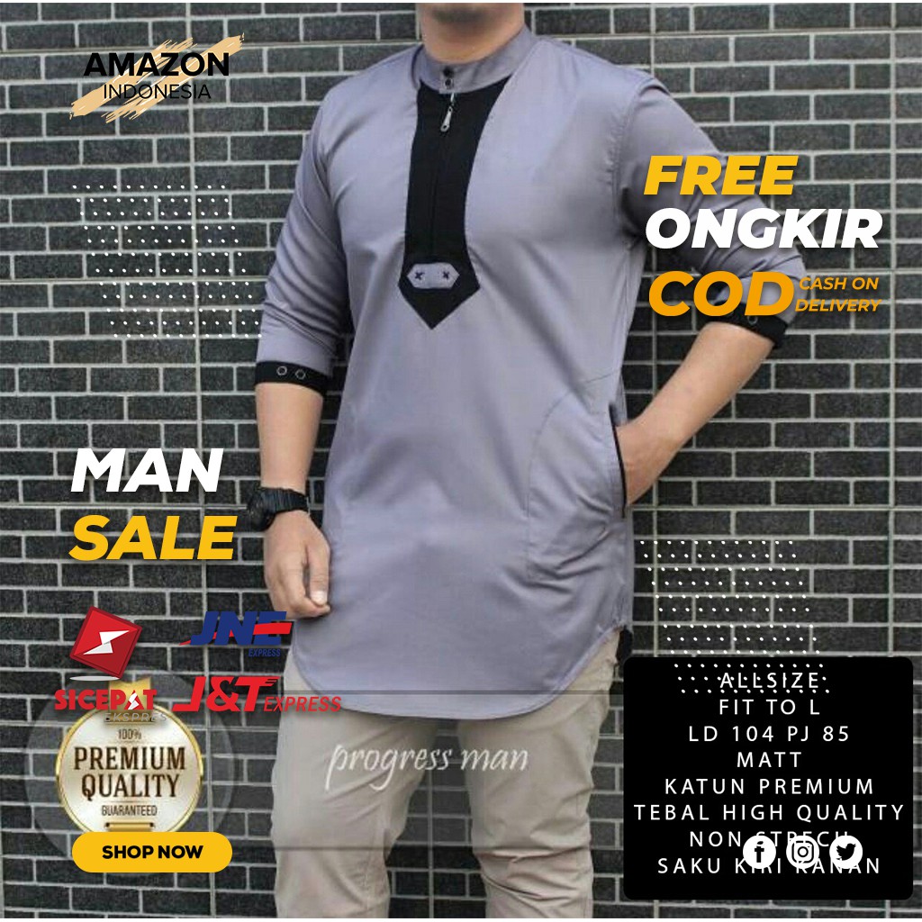 FASHION MUSLM ATASAN BAJU KOKO PRIA LENGAN 3/4 WARNA GREY ABU ABU BAHAN KATUN TEBAL ORI STYLE CASUAL