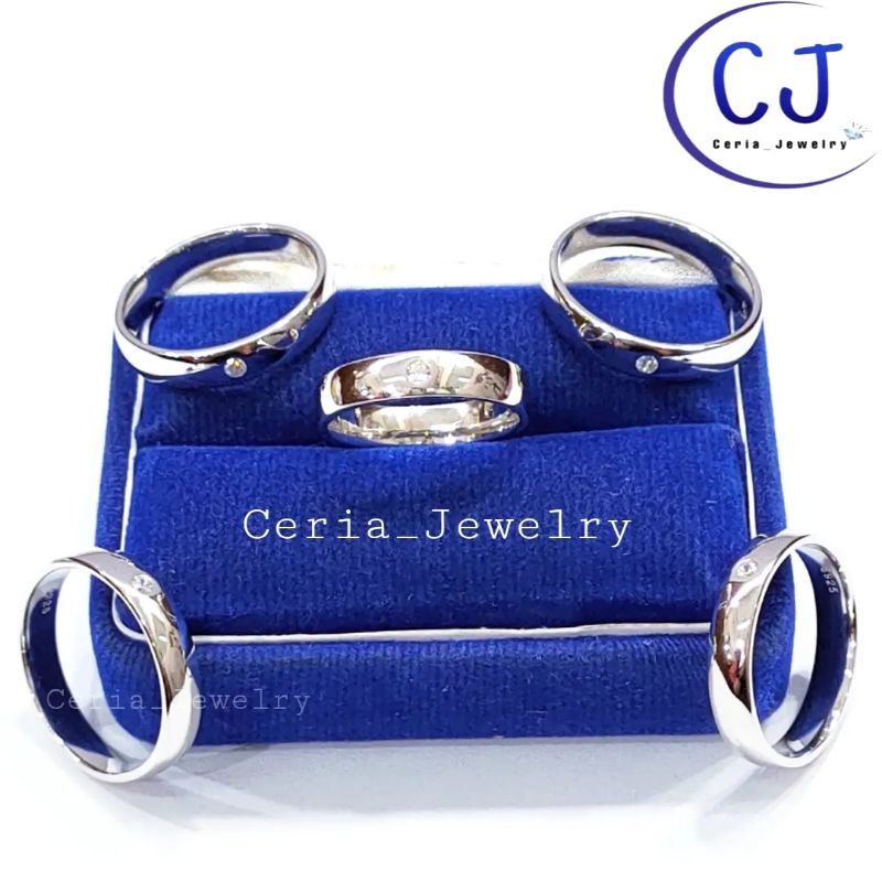 Cincin Perak Asli Pria Wanita Silver 925 Lapis Emas Putih Model Cincin Polos 1 permata, Cincin Pasangan, Cincin Tunangan, Cincin Couple - Perhiasan Perak Asli