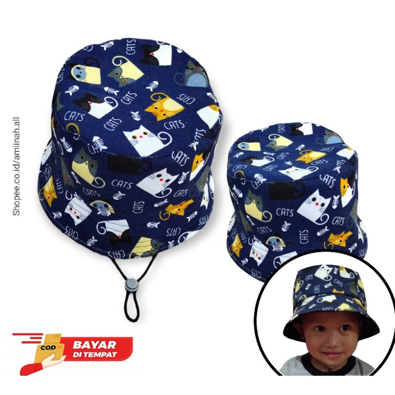 TOPI ANAK 2 SAMPE 6 TAHUN TOPI BUCKET KANVAS PRINTING MOTIF CAT NEW