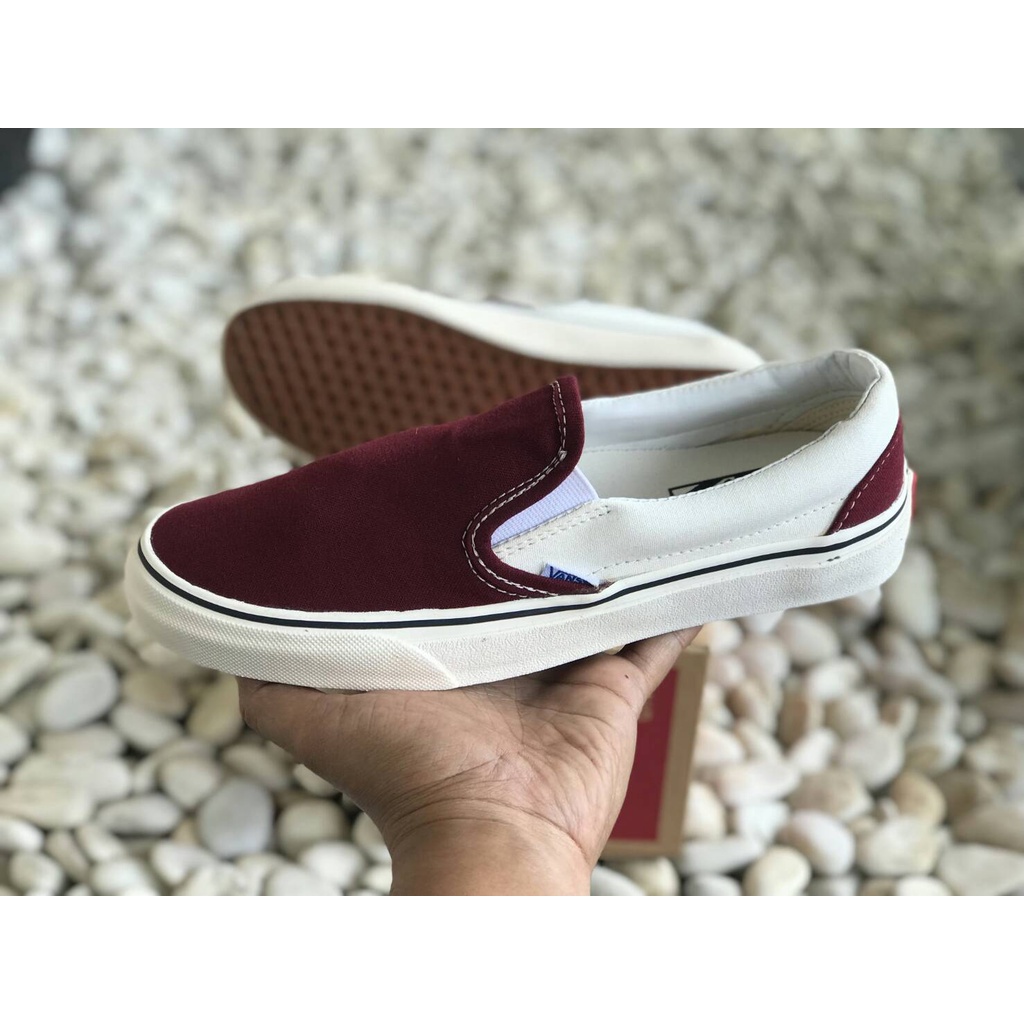 Sepatu Sneakers Pria Slip On 100% Premium Off White Maroon