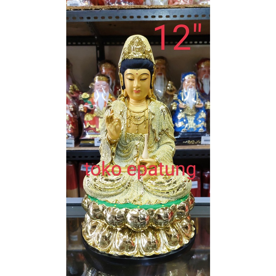 patung dewi kwan im / kwan in / guan yin - 12 inch - fiber - emas - l2