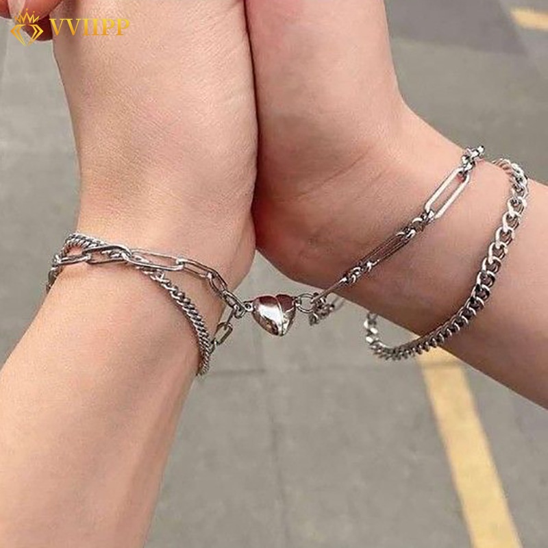 Set Gelang Rantai Silver Liontin Hati Magnetik Lapisan Ganda Untuk Aksesoris Perhiasan Pasangan