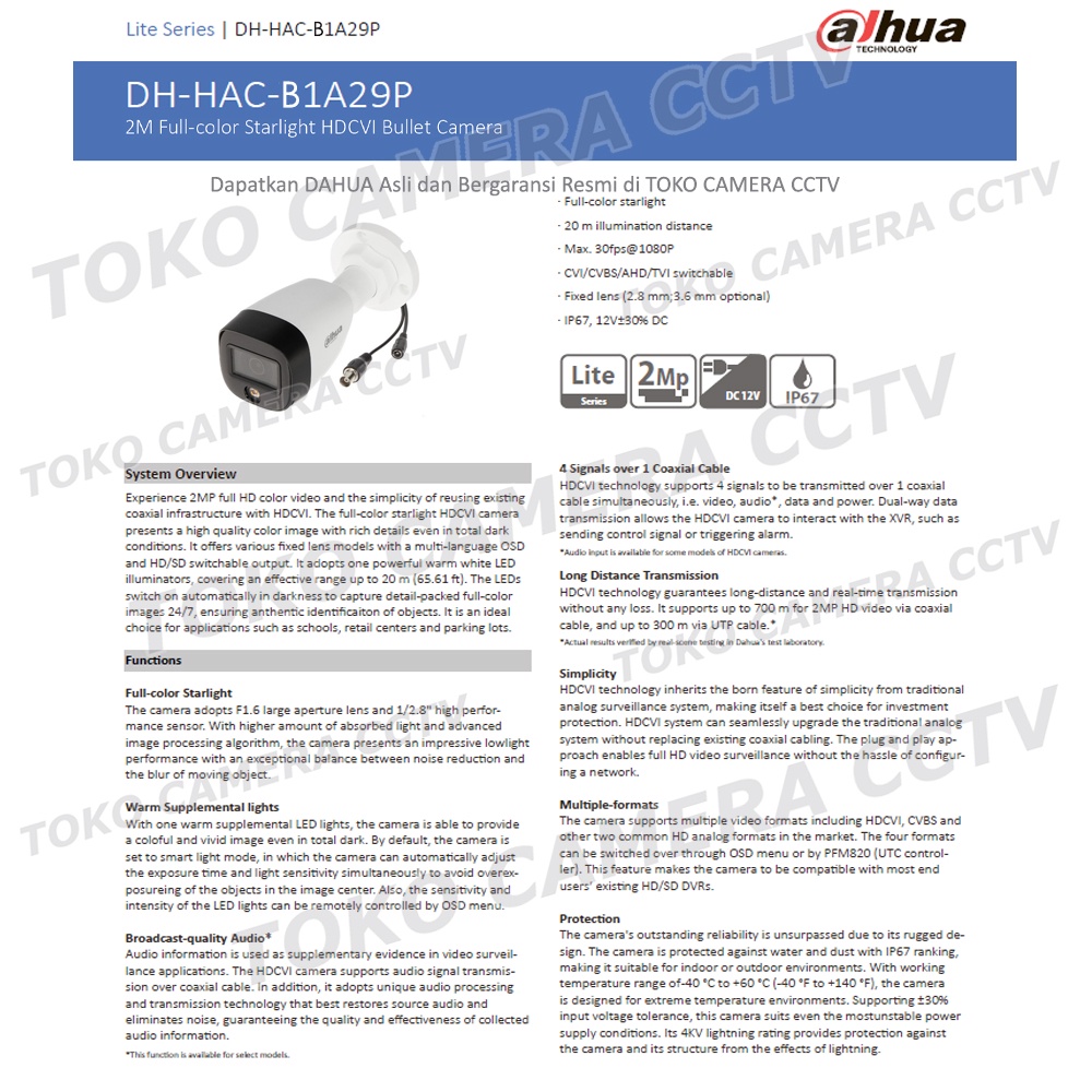 KAMERA CCTV OUTDOOR 2MP FULL COLOR DAHUA B1A29P 2MP CAMERA BERWARNA