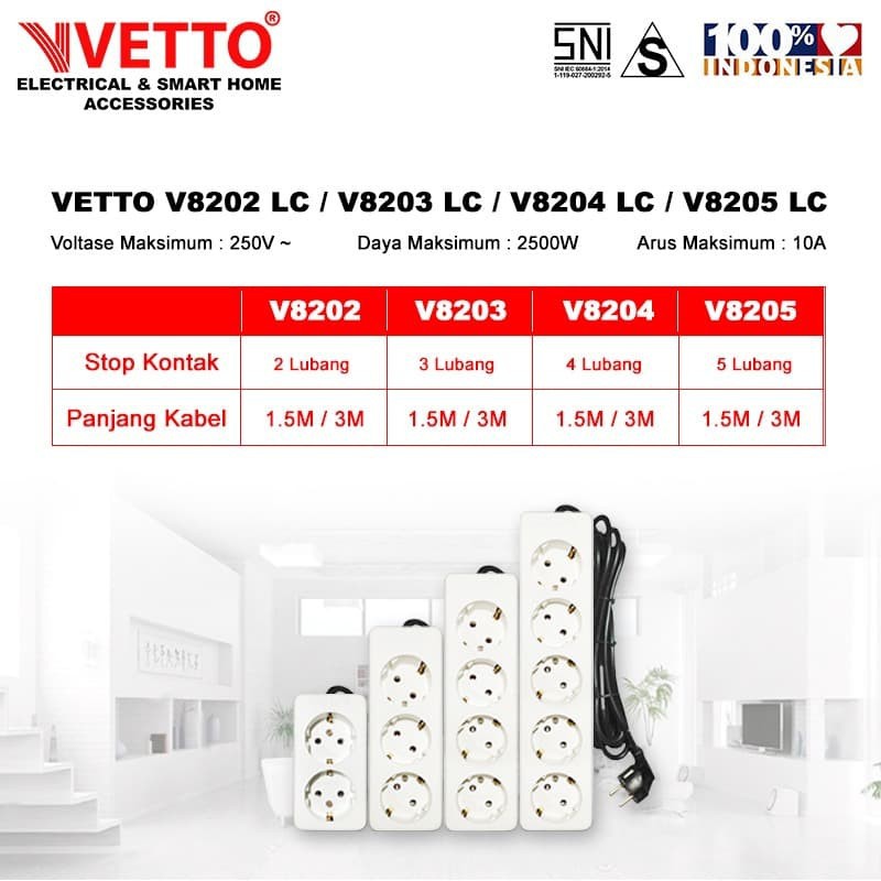 VETTO V8202 Stop Kontak 2 Lubang LC - 1,5 Meter