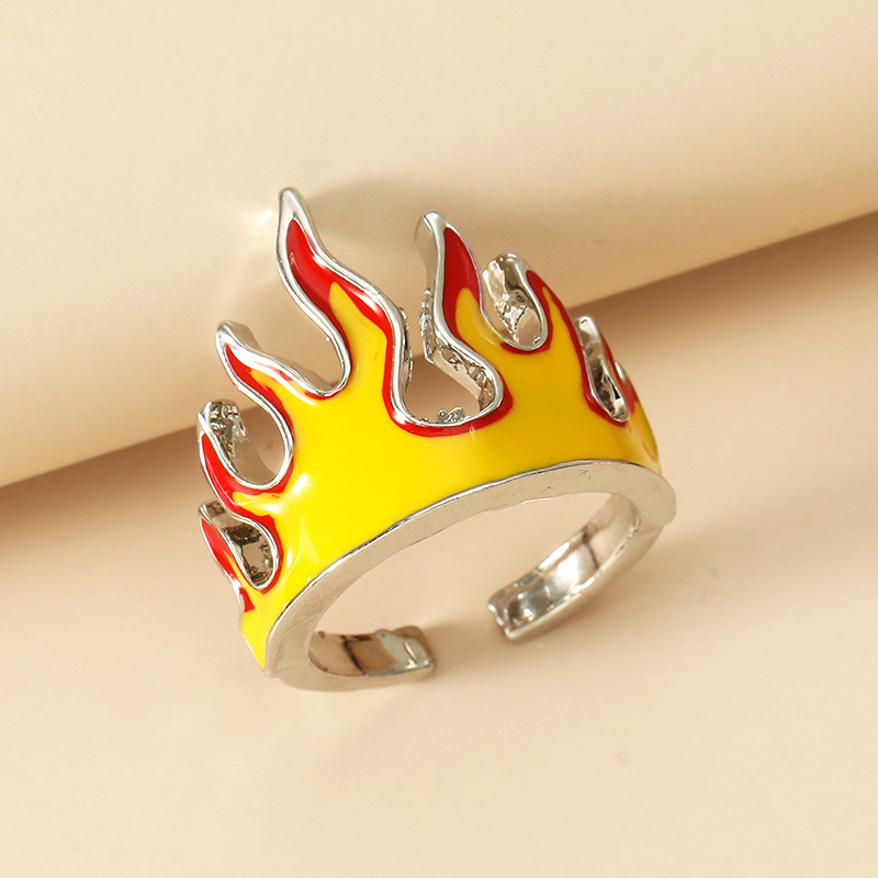 Cincin Model Terbuka Bahan Alloy Desain Api Kuning Gaya Punk Bohemia Hip Hop Adjustable Untuk Wanita Charms