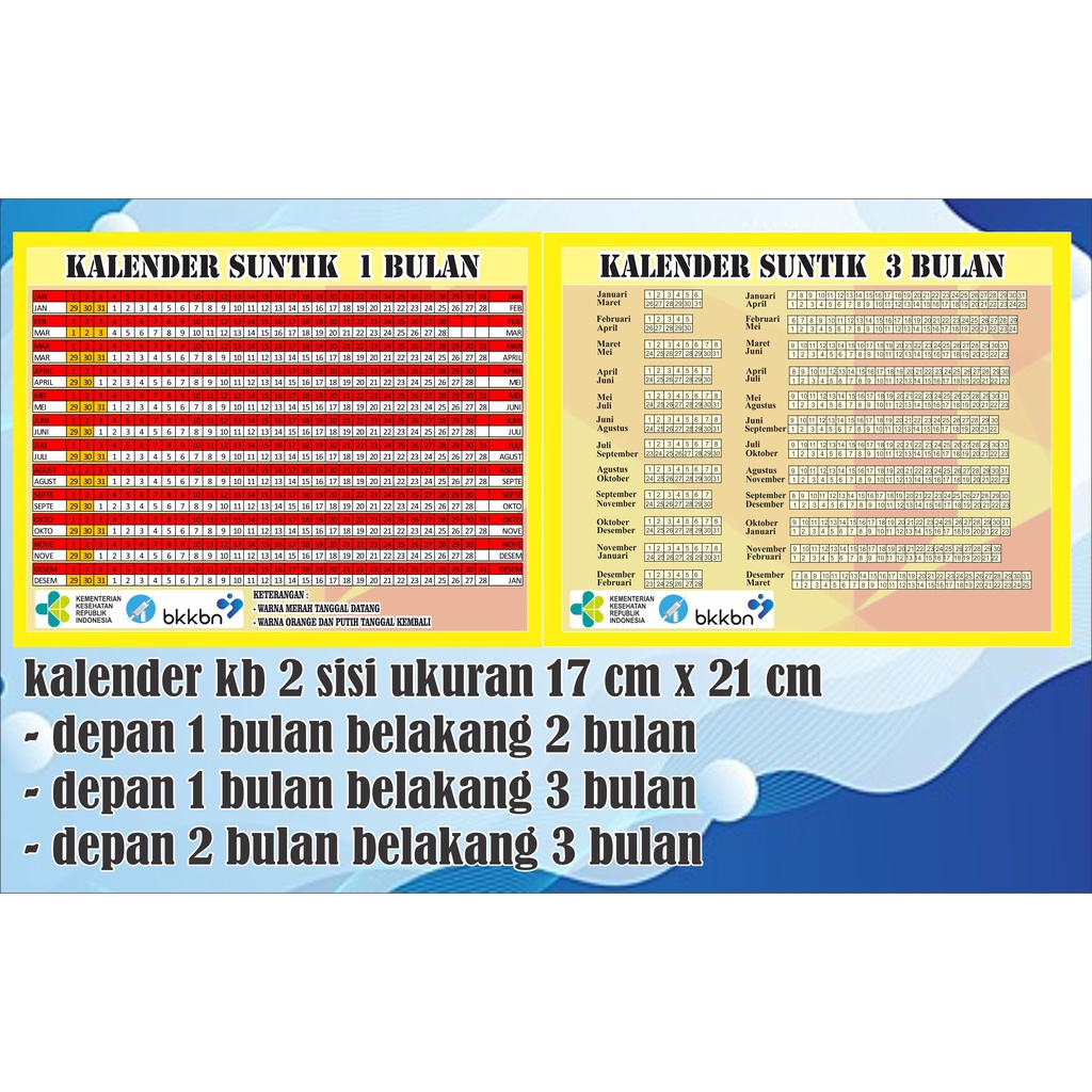 Kalender KB 2 sisi (bisa 1 bulan dengan 2 bulan atau 3 bulan)