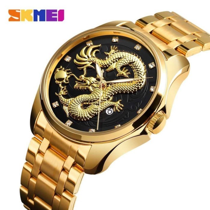 Jam Tangan Pria Analog Original SKMEI 9193 Naga Anti Air Gold Hitam