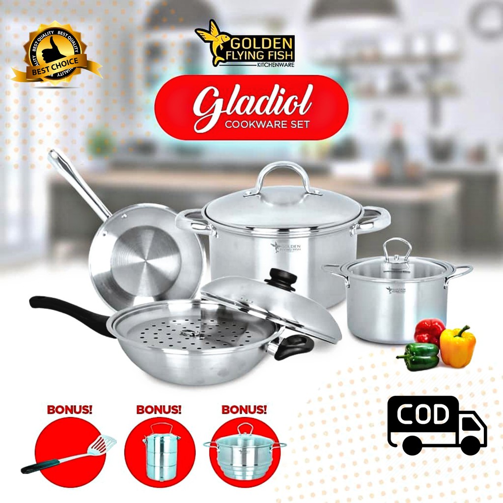 (BISA COD) PROMO Panci Set Golden Flying Fish Cookware Set Gladiol 15pcs STAINLESS STEEL Premium