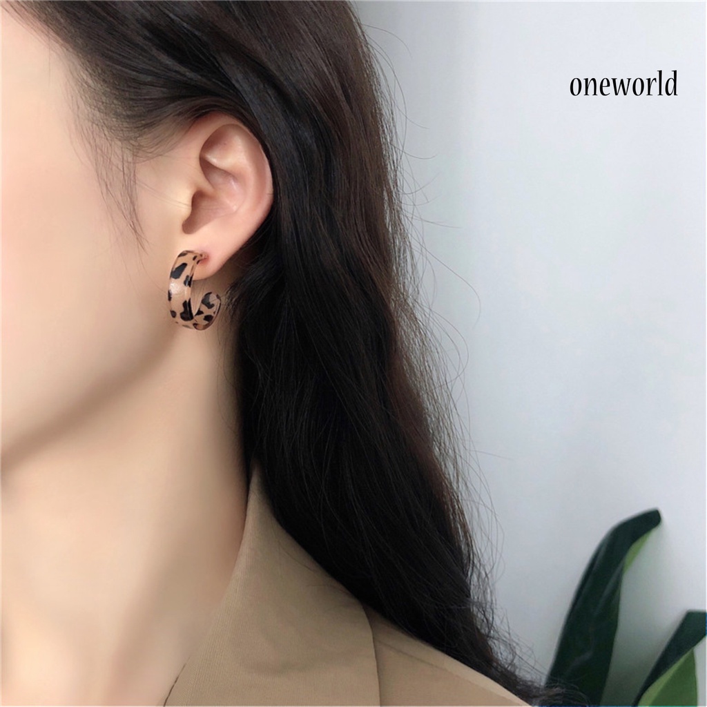 OW# Women Simple Geometric Leopard Print Long Drop Circle Resin Ear Stud Earring