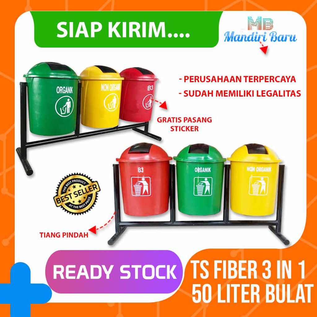 Jual Jual Tempat Sampah Fiber 3 Pilah Bulat Organik Anorganik B3 50 Liter Tong Sampah 3 Pilah 8095