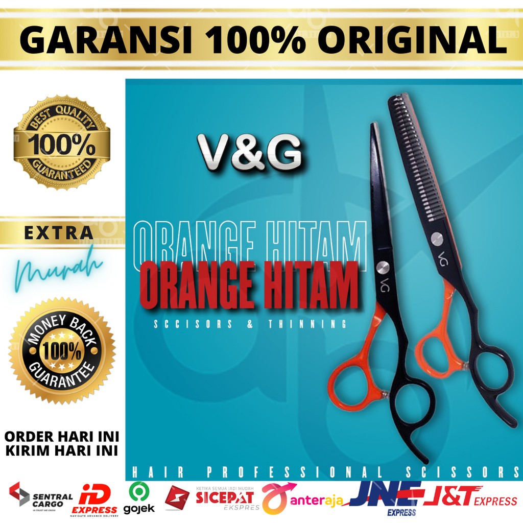 Gunting Set VG ORANGE HITAM Gunting Potong Penipis VG Barbershop Salon Scissors and Thinning 6 inch