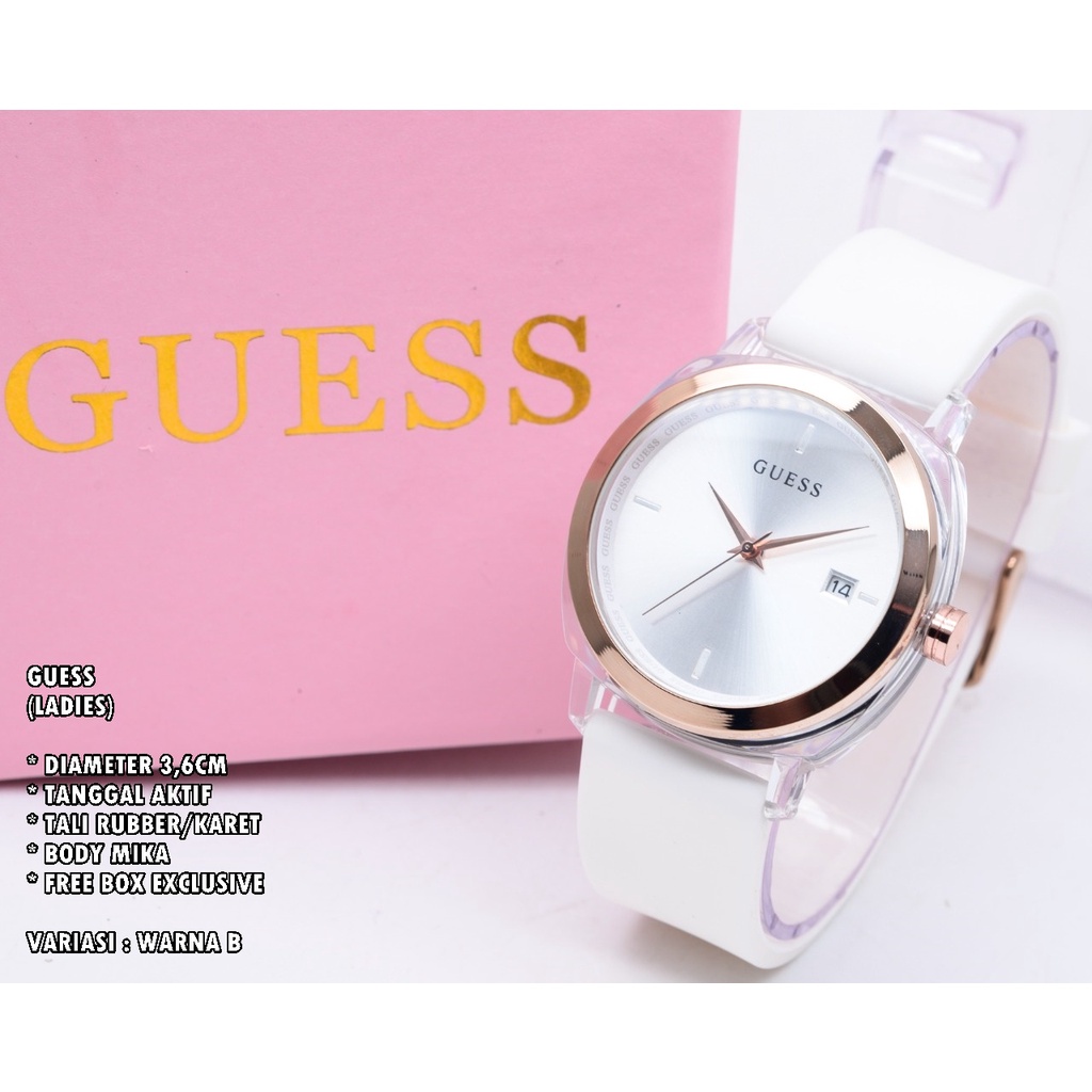 JAM TANGAN WANITA GUESS TALI RUBBER BODY BULAT TANGGAL AKTIF