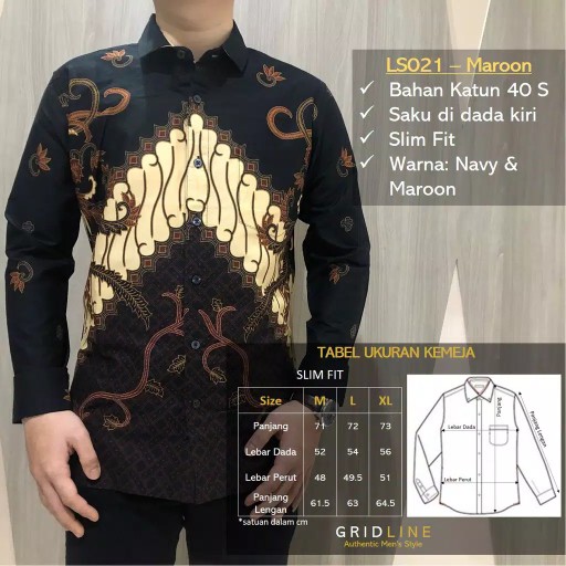 [gridline - Ls045 Navy Black & Ls033 Brown] Kemeja Batik Slimfit Pria Katun Lengan Panjang Modern