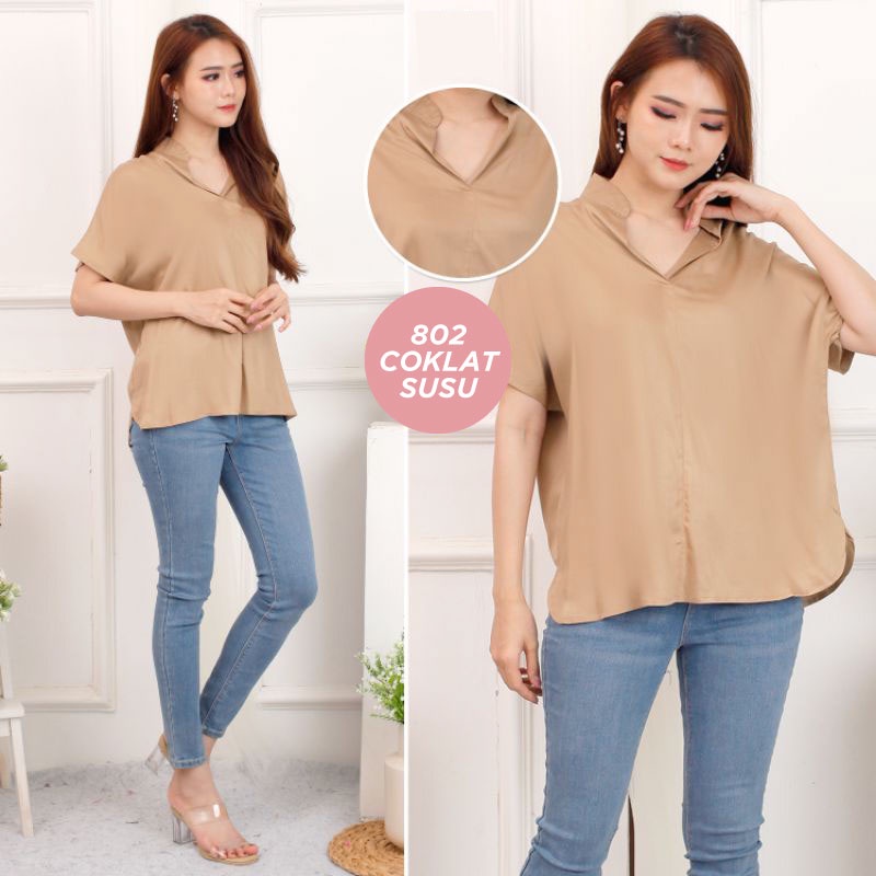 Atasan Baju Blouse Katun Rayon Polos Casual Lengan Pendek Kerah Shanghai Wanita 802