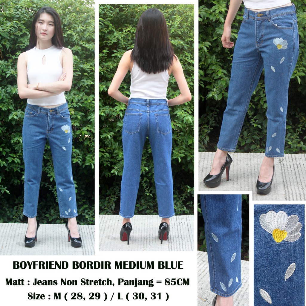  Celana  Boyfriend  Jeans Wanita Boyfriend  Bordir Medium  Blue  