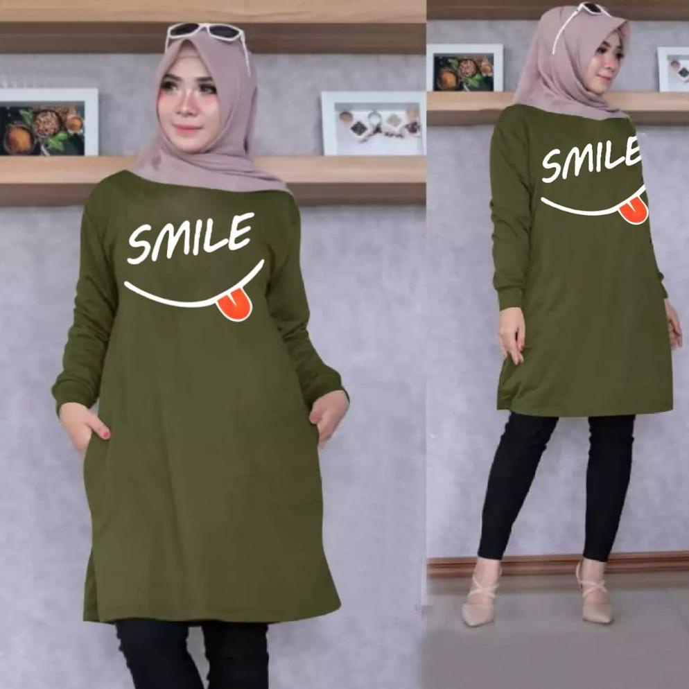Tunik Wanita Dewasa/ Tunik Wanita Terbaru 2021 Kekinian /Tunik Kaos Panjang Atasan Motif Smile,,002