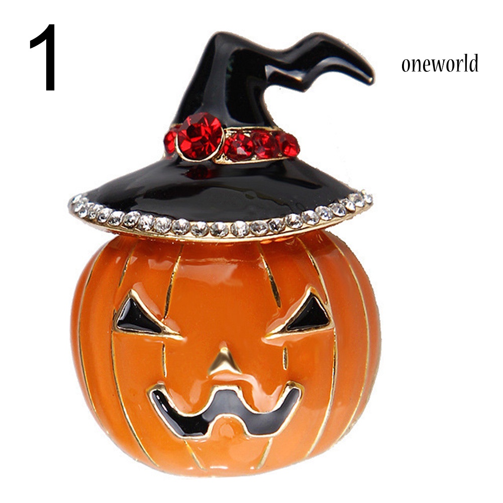 OW@ Halloween Pumpkin Rhinestone Inlaid Enamel Brooch Pin Sweater Shirt Collar Badge