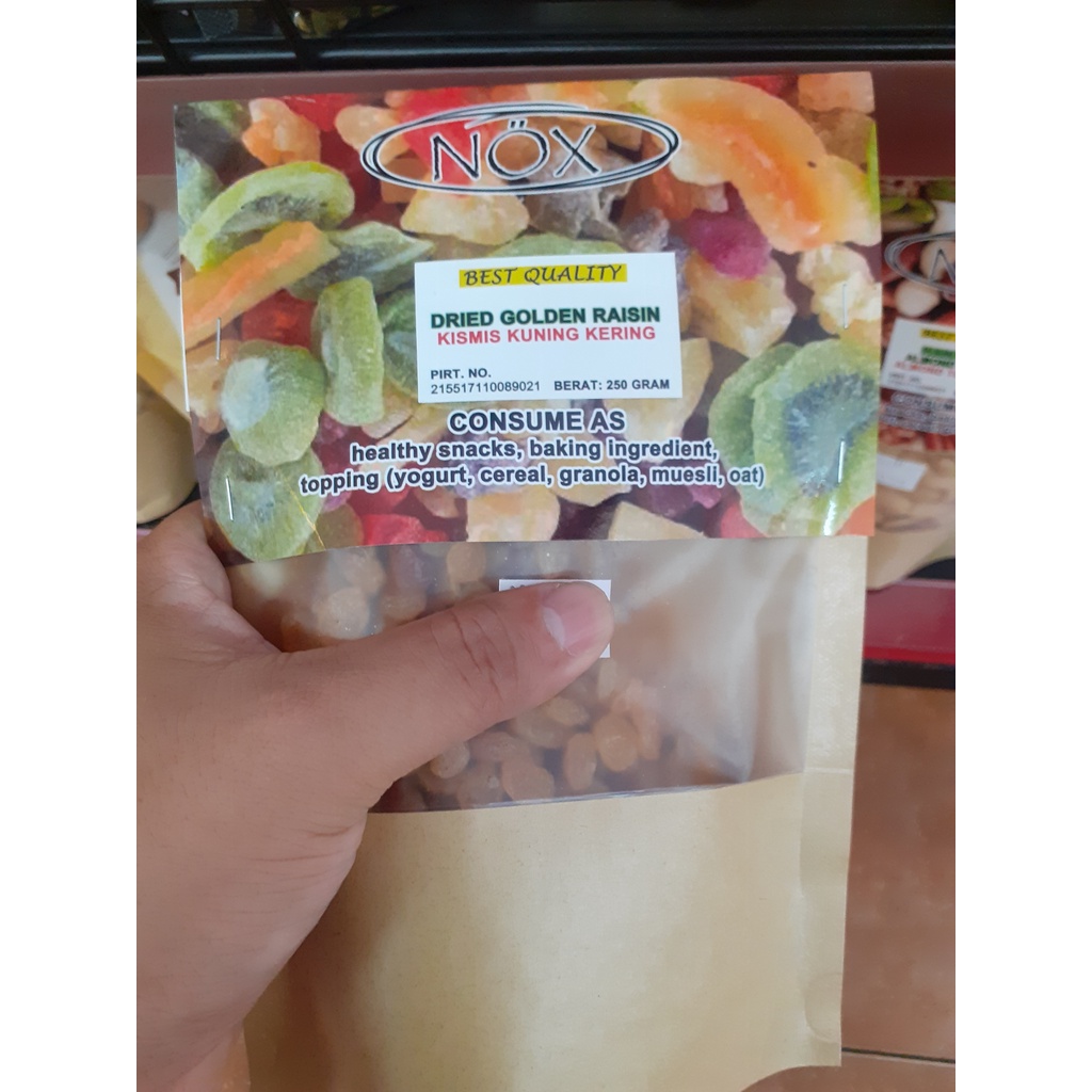 HEALTHY SNACKS DRIED GOLDEN RAISIN/ CEMILAN SEHAT KISMIS KUNING KERING “NOX” ASLI BALI 250GR