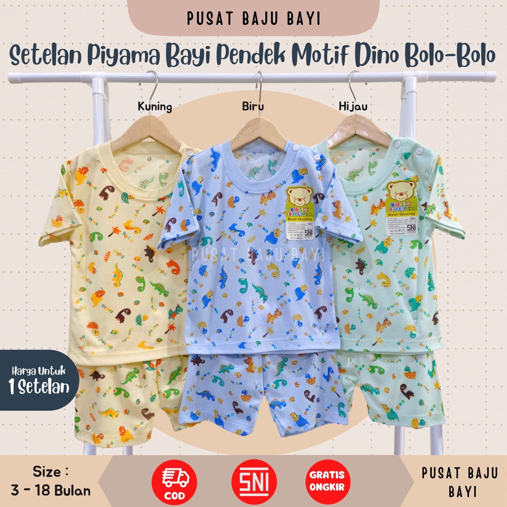 SALE 7.7 Setelan Baju Bayi Pendek 3 - 12 Bulan merk SNI BOLO - BOLO motif DINO