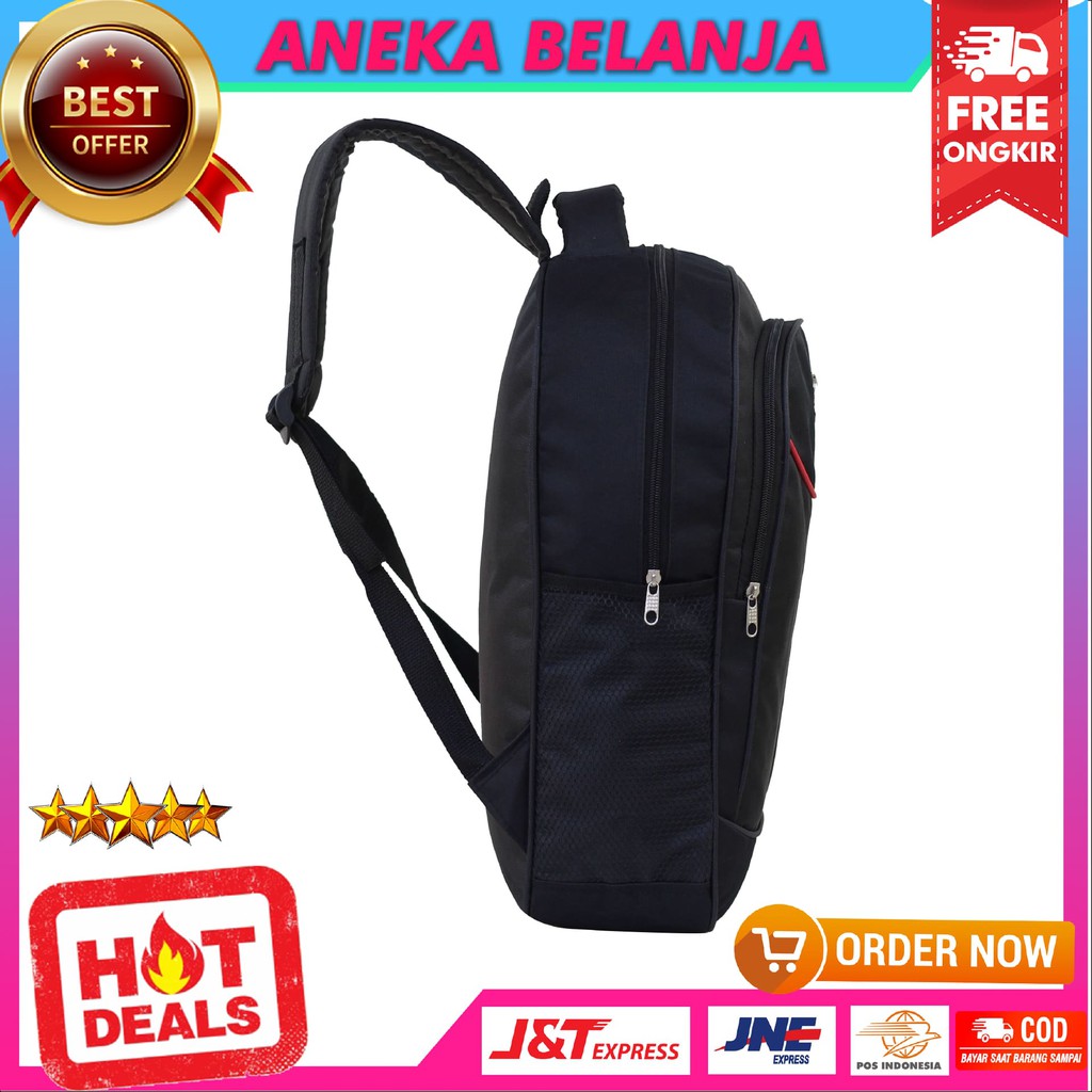 Tas Punggung Cowok Model Sport Warna Hitam Garis Tengah Merah SD SMP SMA Ransel Pria Multifungsi Kuliah Kerja Hangout Bahan Awet tebal Harga Termurah Terlaris Berkualitas