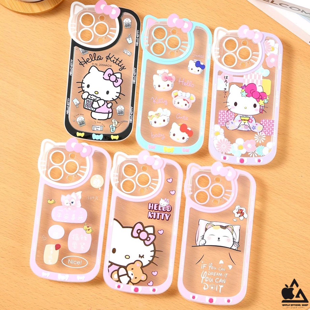 Softcase Lucu 3D HelloKitty iPhone 13 PRO MAX 12 PRO MAX 11 PRO MAX XR X XS MAX 7 7+ 8 8+ SE 2 3 6 6+ Soft Clear Case Korean Hello Kitty Ribbon Bening SILIKON MEWAH Camera Kamera Protection