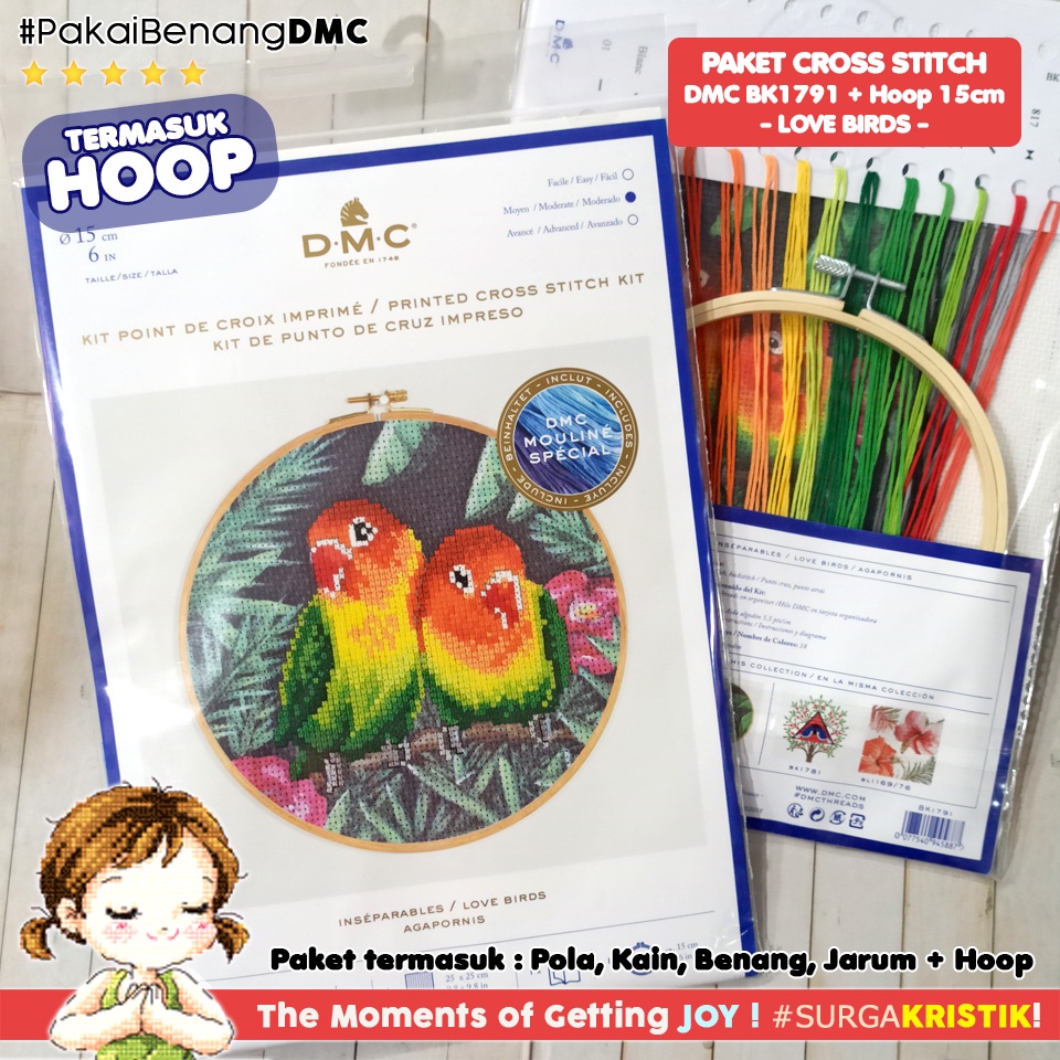 Paket Sulam Kristik Strimin DMC BK1791 - Love Birds Burung Animal