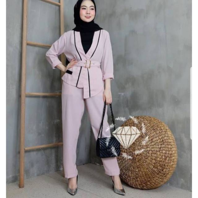 SET CELANA BLAZER OLIVER, MOSCREPE PREMIUM, GAMIS HIJAB MUSLIM SETELAN