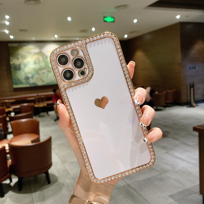 Case Bumper Belakang Desain Hati Bling Berlian Imitasi Untuk Iphone 12 11 13 Pro Max X XR XS Max 7 8 Plus SE 2020