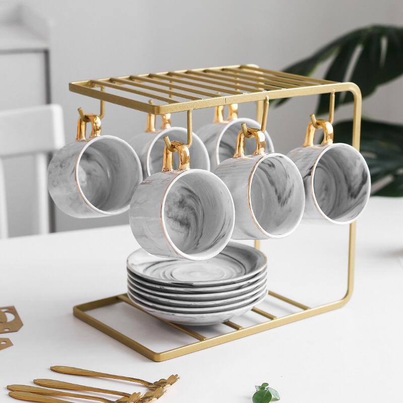 PC GMG Cangkir Set Marble 6 PCS dengan Gantungan Cangkir Marble / Cangkir Kopi / Teh Set / Gelas Set