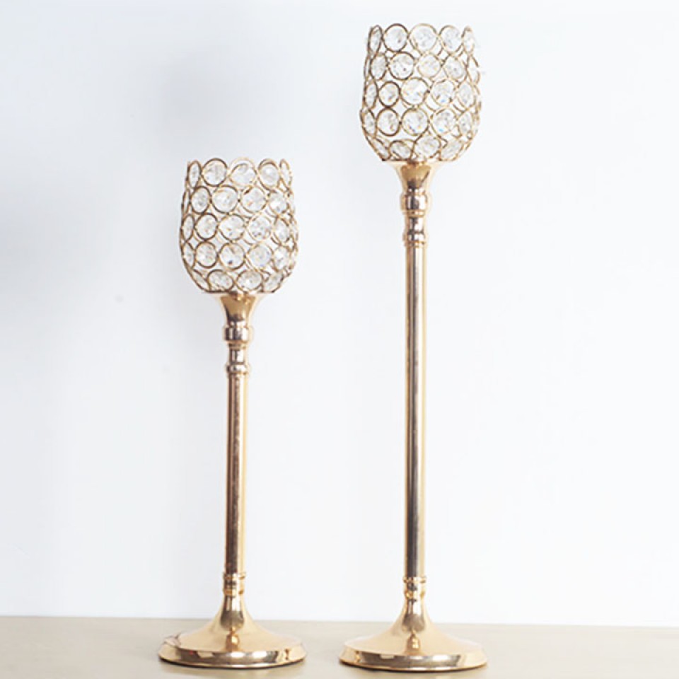 GOLD WINE GLASS CRYSTALS CANDLE HOLDER SET (2PCS)
