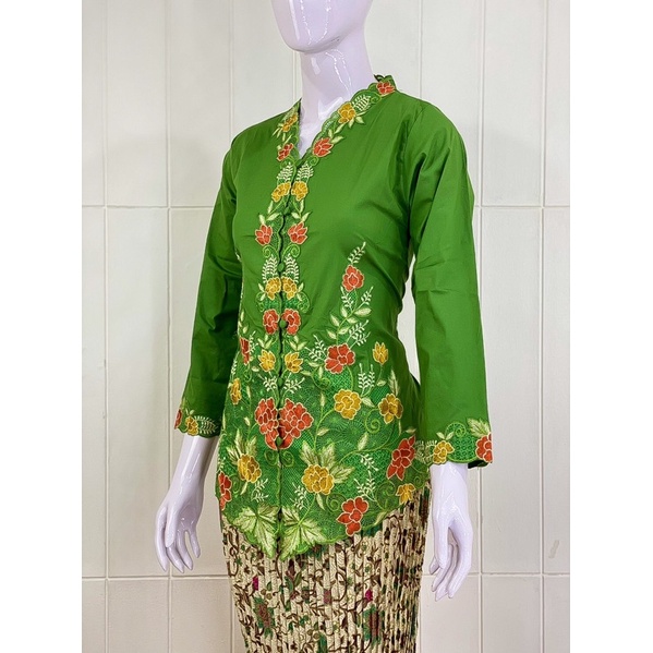 ESW03 - Daliyu KEBAYA ENCIM LENGAN PANJANG BORDIR WARNA Katun Stretch / Kebaya Wisuda / S M L XL XXL-Hijau Muda