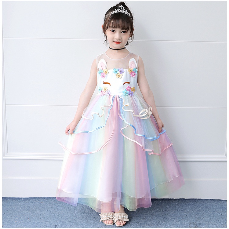 Anak Unicorn Party Dress + Sayap + Headband 3 pcs set Gadis Halloween Kostum Hadiah Ulang Tahun untuk Anak-anak