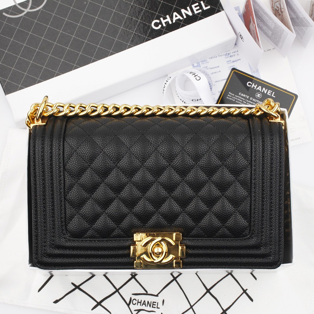 TAS WANITA-TAS IMPORT- Chanel Boy Classic Caviar Gold