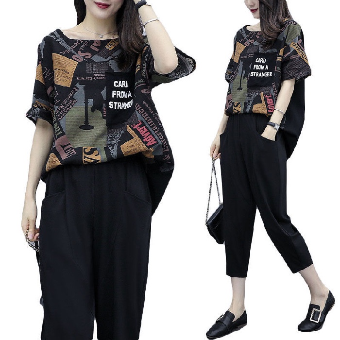 Stok bersih!【Bisa COD】Baju Kaos Dan Celana Setelan Wanita L-5XL Fashion Bunga Longgar Lengan Pendek T-Shirt Kaos+ 3/4 Celana Panjang Katun Women Set