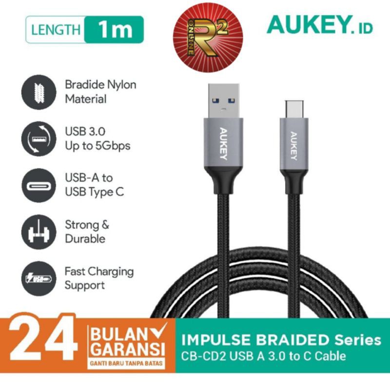 Aukey CB-CD2 Braided Nylon Quick Charge 3.0 USB Type C Original