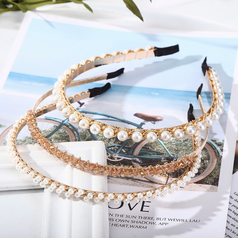 Korean Ins Pearl Rhinestone Chain Headband Fashion Temperament Hairband Women Elegant Hair Accessories