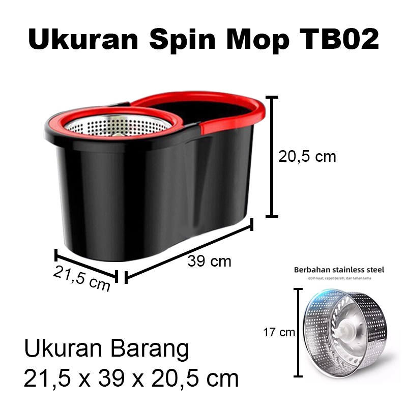 Spin Mop Stainless Alat Pel Putar Dengan Ember Stainlees Pel Praktis Multifungsi Alat Pel Kain Murah Pel TB02WFS