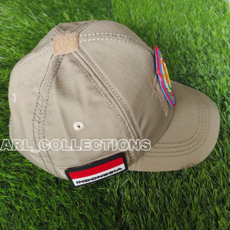 TOPI POL PP BDU VELCRO CREAM TAN PLUS 3 LOGO PATCH RUBBER/TOPI SATPOL PP MODEL LOGO TIMBUL