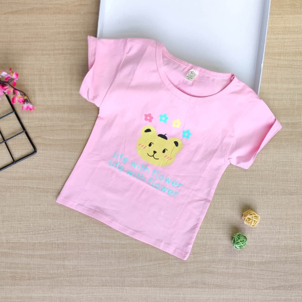 Promo !! Atasan kaos anak import / Kaos anak perempuan lucu / Kaos lembut untuk anak / Atasan life with flower ukuran 6 bulan  - 2 tahun